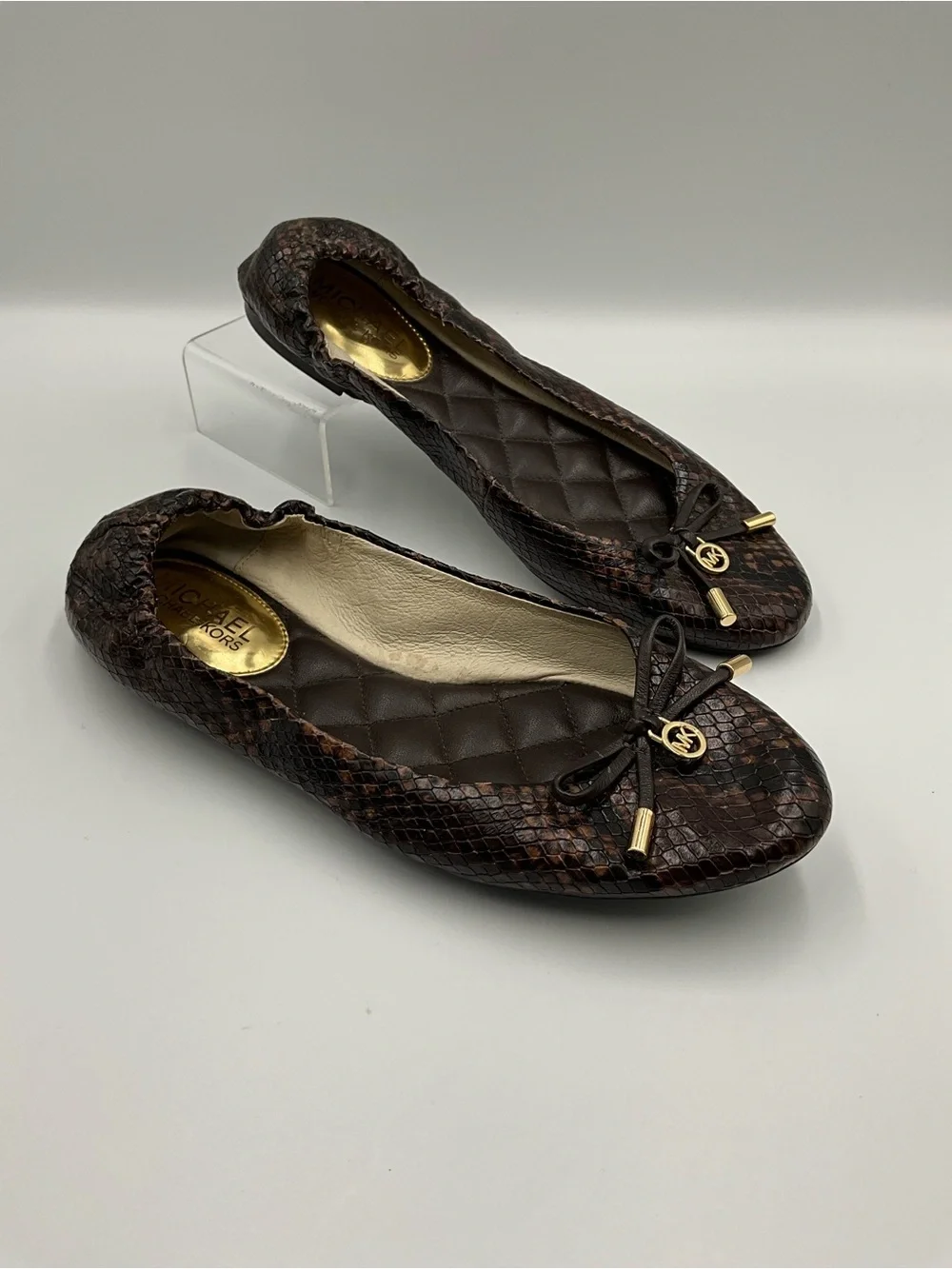 Michael Kors Flats Size 6.5 Brown Snakeskin-Print Ballet Flats with Gold Logo